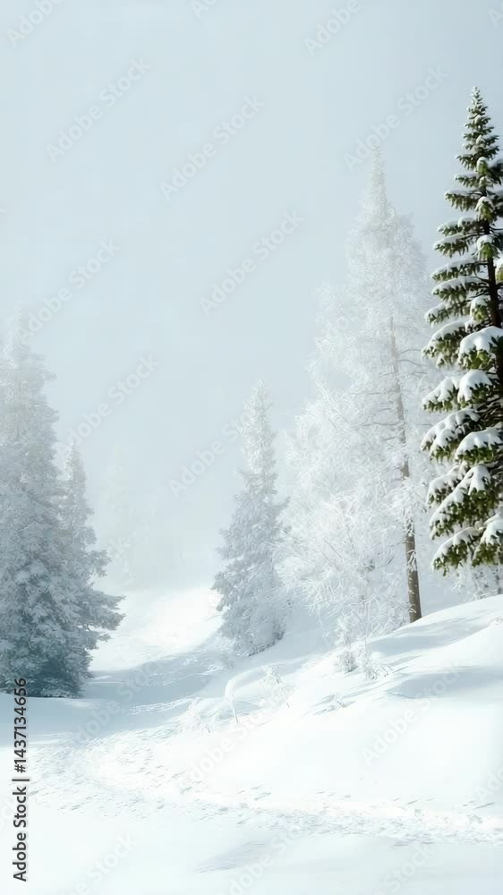 Dense fog covers a snowy mountainside path with snow-laden evergreen trees along the winter landscape with soft light adding to the serene scene Dense fog covers a snowy mountainside path with snow-laden evergreen trees along the winter landscape with soft light adding to the serene scene