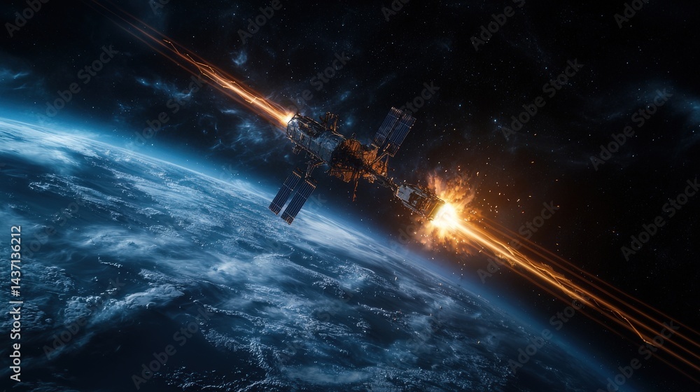 Satellite under laser attack in orbit earth background digital art sci-fi environment dramatic viewpoint Satellite under laser attack in orbit earth background digital art sci-fi environment dramatic viewpoint