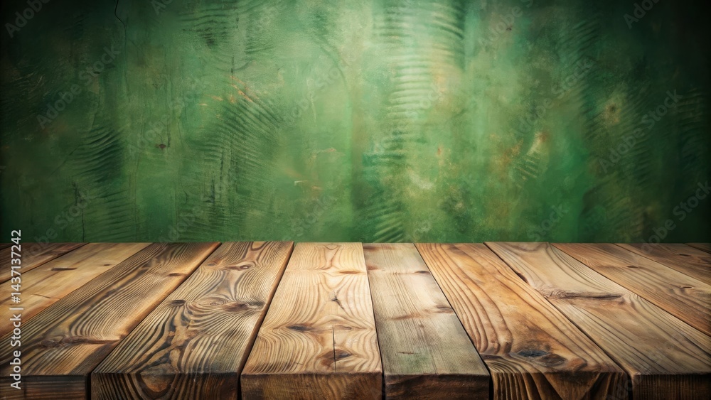 Fototapeta premium Rustic Wooden Tabletop Against a Weathered Green Wall, Ideal for Product Display or Background Use