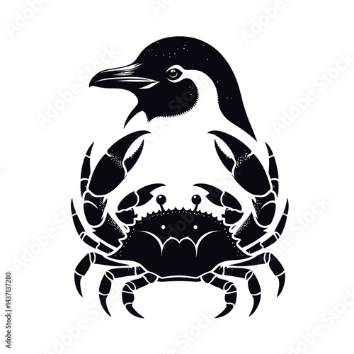 Silhouette of a penguin merged with a crab, black on white background 