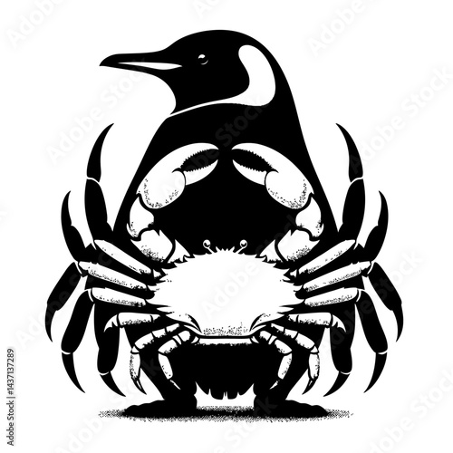 Silhouette of a penguin merged with a crab, black on white background 