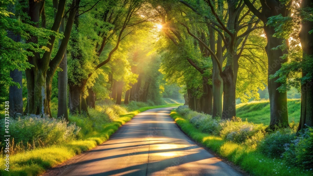 Fototapeta premium Serene sunrise illuminates a tree-lined road, casting long shadows on the verdant path