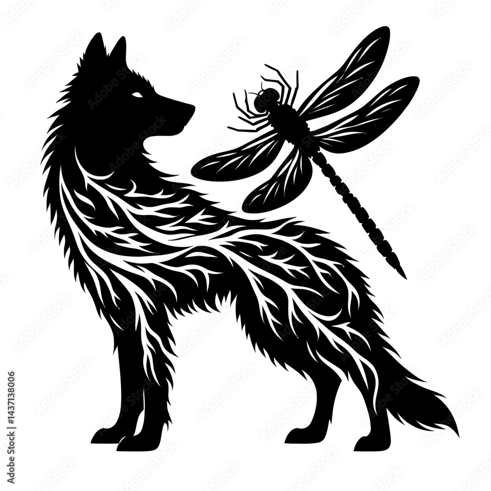Naklejka premium silhouette of a wolf fused with a dragonfly black color vector isolated on a white background vector 