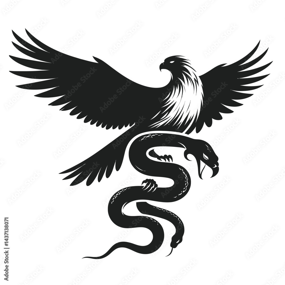 Fototapeta premium silhouette of a snake combined with a falcon, black on white background