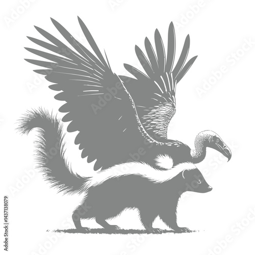 Silhouette of a skunk combined with a vulture, black on white background