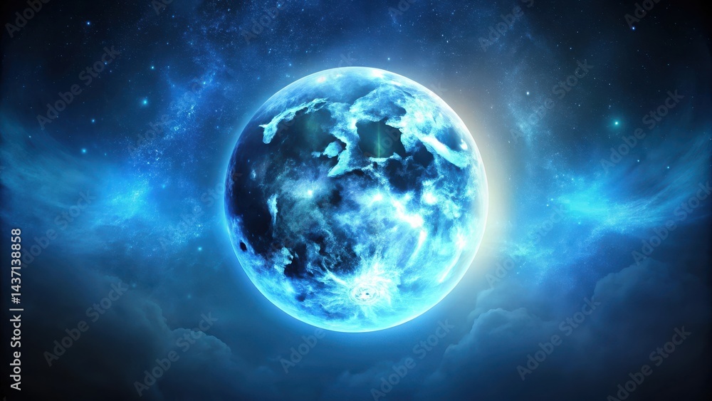 Obraz premium Celestial Orb A Glowing Blue Planet in a Starry Nebula