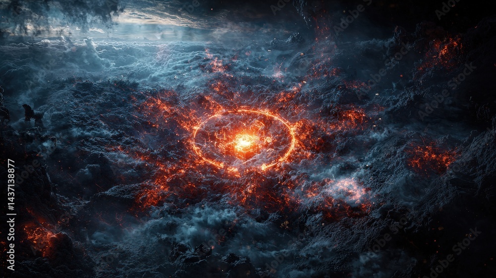 Fototapeta premium Ai predicting and manipulating data patterns in volcanic landscapes sci-fi imagery digital art dramatic viewpoint