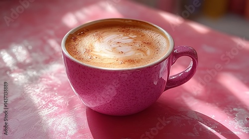 Pink cup of cappuccino with latte art in sunlight