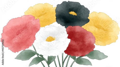 Elegant Watercolor Poppy Flower Bouquet  Red  Yellow  White  Black Blooms