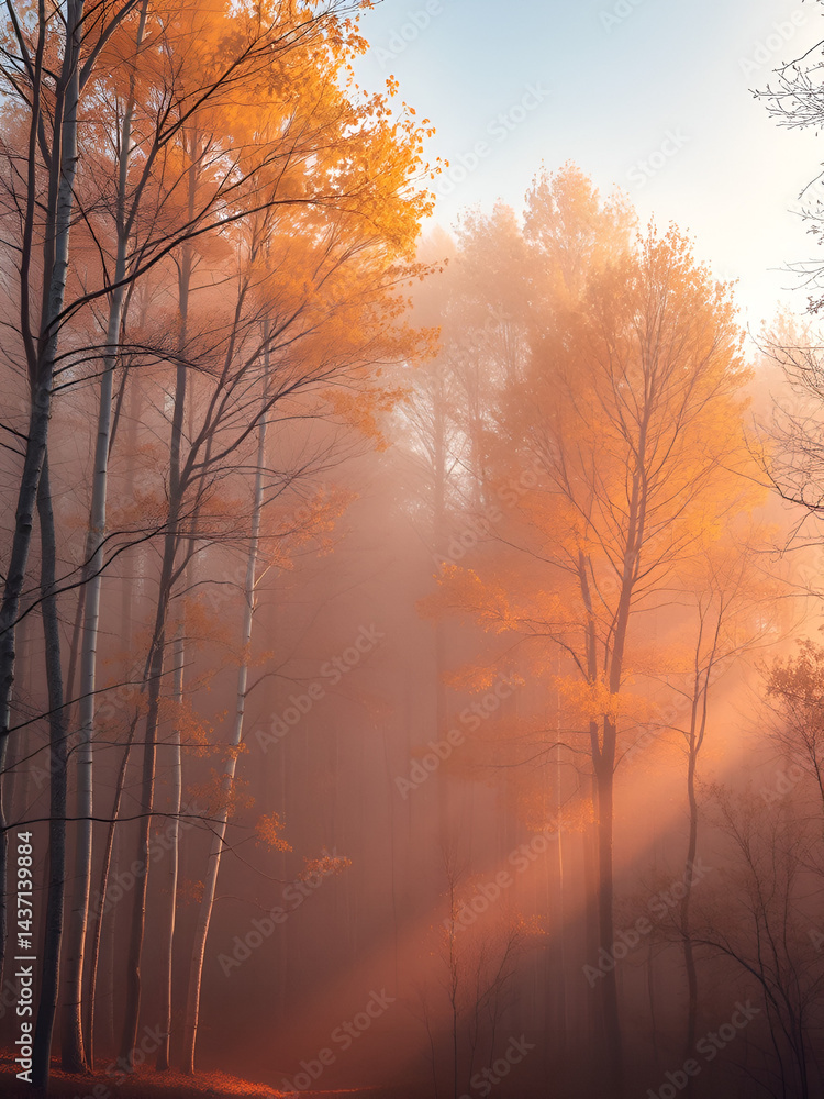 Obraz premium Aspens glowing with warm golden light in the morning fog, misty forest, natural wonder, aspen grove
