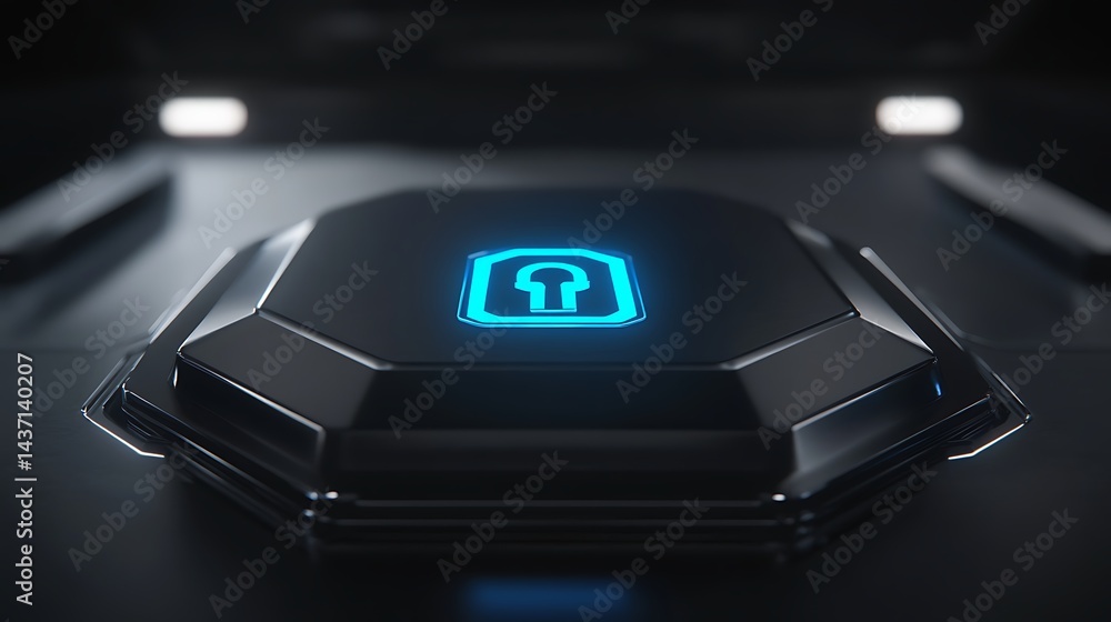 Futuristic Technology Pad with Glowing Blue Lock Icon Closeup View Futuristic Technology Pad with Glowing Blue Lock Icon Closeup View