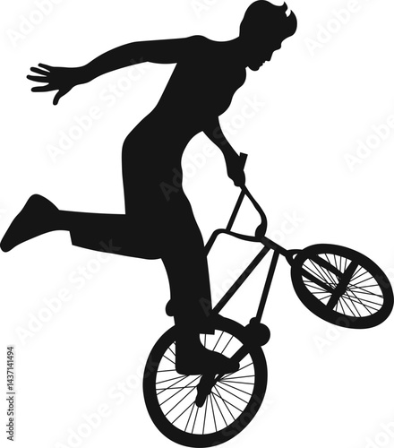 Freestyle Bmx Silhouette on White Background. Flat Vector Illustration