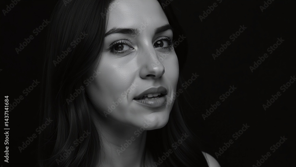 Fototapeta premium Close-up portrait of a young woman with a contemplative expression on a black background, ideal for marketing campaigns, website hero images, and corporate presentations with copy space for text