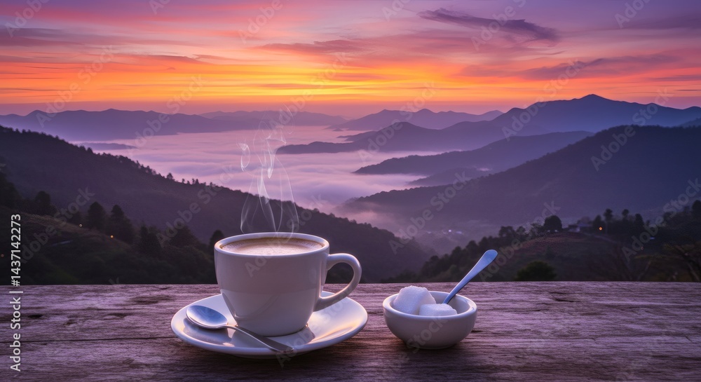 Enjoying Coffee at Sunrise Over Misty Mountains in Nature Enjoying Coffee at Sunrise Over Misty Mountains in Nature