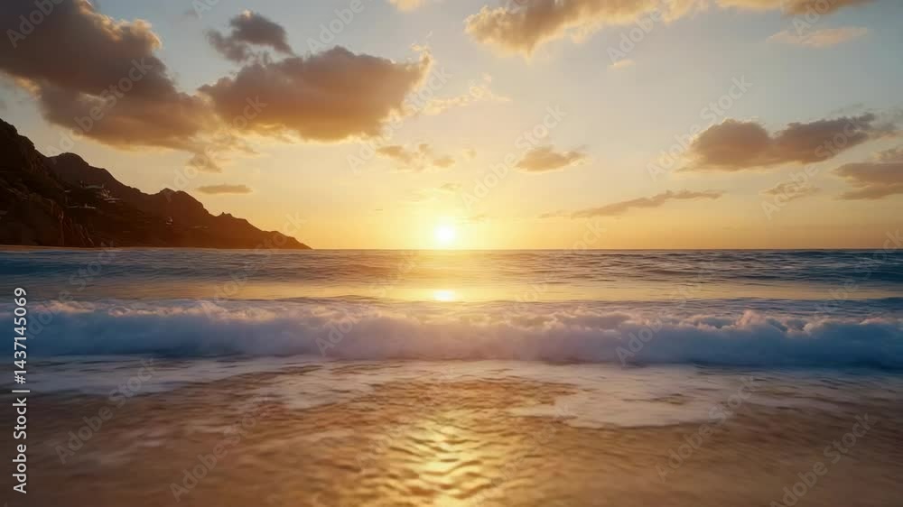 Serene sunset over ocean waves with clouds and mountains creating beautiful atmosphere. Serene sunset over ocean waves with clouds and mountains creating beautiful atmosphere.
