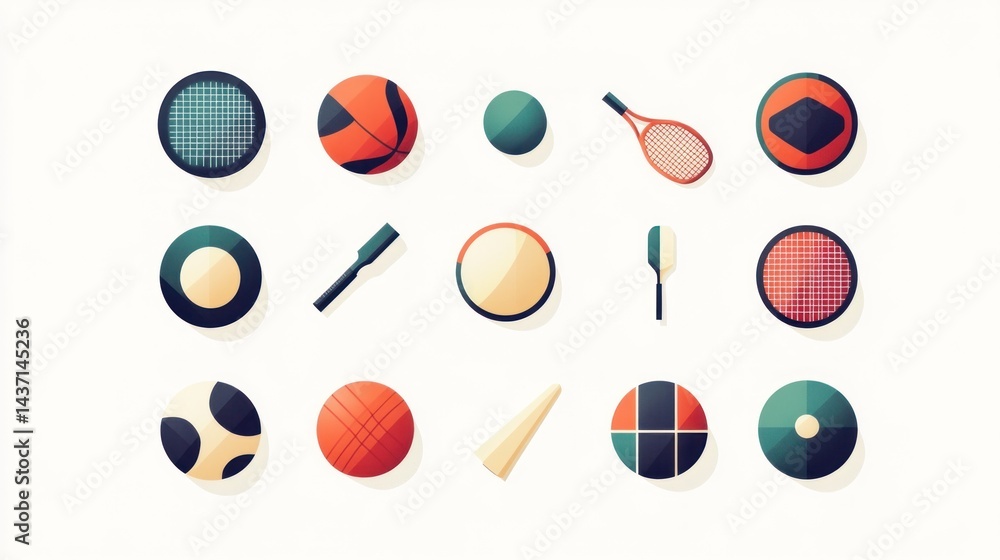 Fototapeta premium Sports equipment icons; balls, rackets, bats; white background; website design