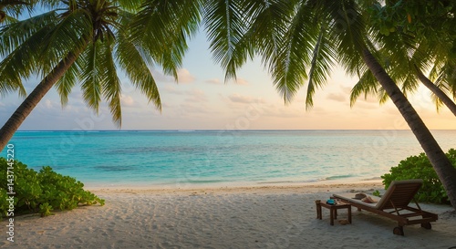 Stunning 4K tropical beach landscape photograph featuring soft golden sunrise over white sand turquoise water framed by palm leaf silhouettes resembling exotic travel destinations paradise coastline