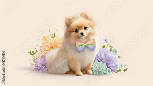 Cute Pomeranian dog wearing a rainbow bow tie sits among pastel flowers on a light background.