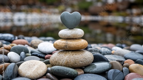 A balanced stack of smooth stones topped with a heart shaped stone against a blurred background outdoors