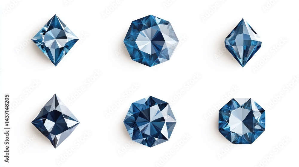 Fototapeta premium Blue gemstone collection, various cuts, white background, jewelry design
