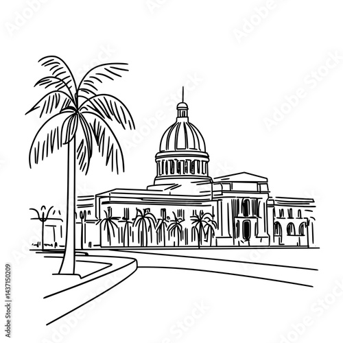 Havana El Capitolio Sketch with Palm Trees in Black and White  