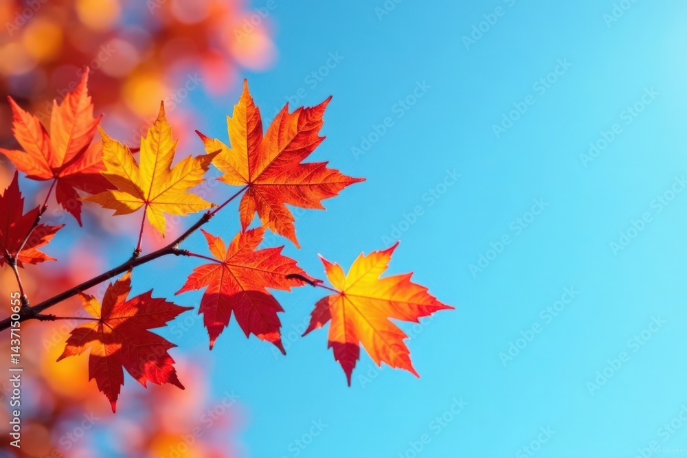 A stylized autumn branch featuring vibrant, colored leaves against a bright blue sky, colors, illustration, autumn A stylized autumn branch featuring vibrant, colored leaves against a bright blue sky, colors, illustration, autumn