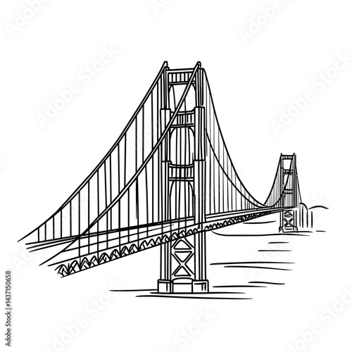 Black line drawing of Golden Gate Bridge on white background  