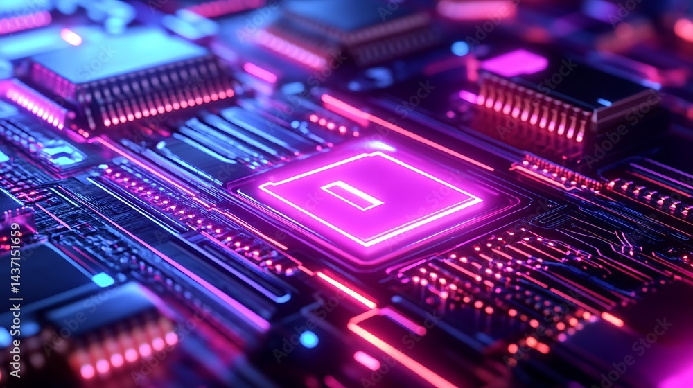 Electronic Circuit Board with Glowing Pink Square and Blue Lights Electronic Circuit Board with Glowing Pink Square and Blue Lights