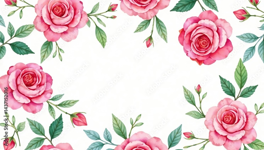 Naklejka premium Delicate watercolor roses & leaves, repeat pattern, red, design