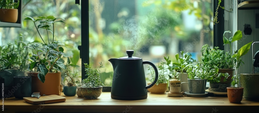 Plants and Kettle on Windowsill