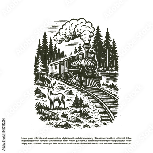 Retro old locomotive vector in wild forest vector