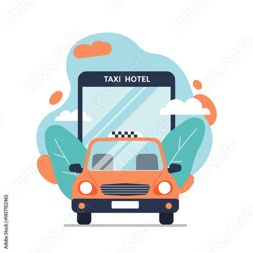 Taxi driving to hotel with a vibrant background  