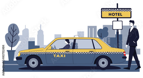 Taxi ride to the hotel in a cityscape background  