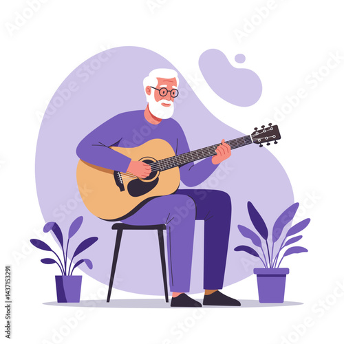 Senior man playing guitar happily against a vibrant background  