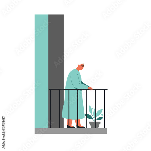 Retired woman enjoying tranquility on balcony with potted plant  