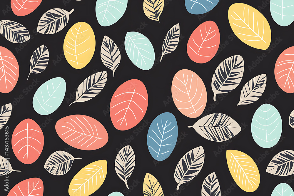 Colorful leaf patterns on a dark background, ideal for fabric design or wallpaper use Colorful leaf patterns on a dark background, ideal for fabric design or wallpaper use