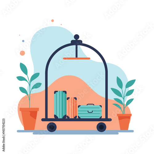 Luggage Cart with Colorful Suitcases in a Hotel Lobby Background  