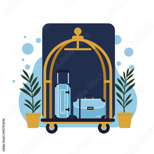 Luggage cart with suitcases in hotel lobby background  