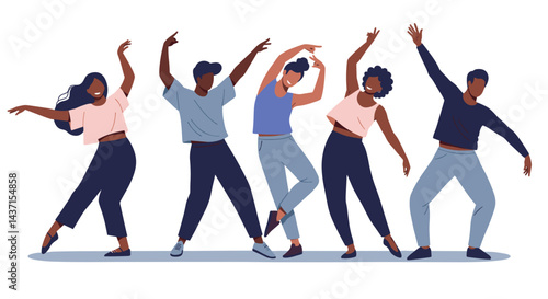 Diverse group of people dancing joyfully against a white background  