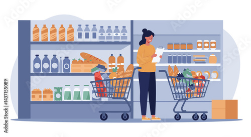 Woman shopping with two carts in grocery store aisle  