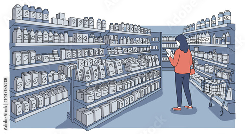 Woman shopping for products in a grocery store aisle  