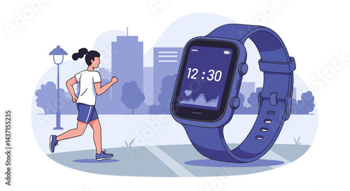 Woman jogging while checking smartwatch against city skyline  