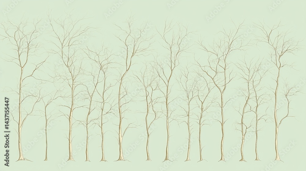 Illustrative Line Art of Bare Trees on Soft Green Background Illustrative Line Art of Bare Trees on Soft Green Background