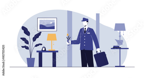 Hotel staff delivering a flower in a cozy room  