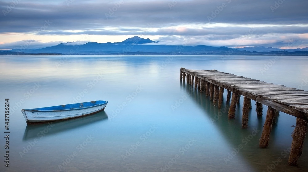 Fototapeta premium Tranquil Sea Landscape with Wooden Pier and Boat Under Soft Cloudy Sky