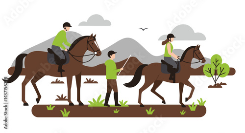 Group of riders enjoying horseback trips in nature  