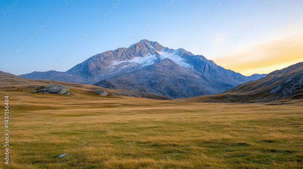 Majestic mountain range under clear blue sky, with golden grassland in foreground Majestic mountain range under clear blue sky, with golden grassland in foreground