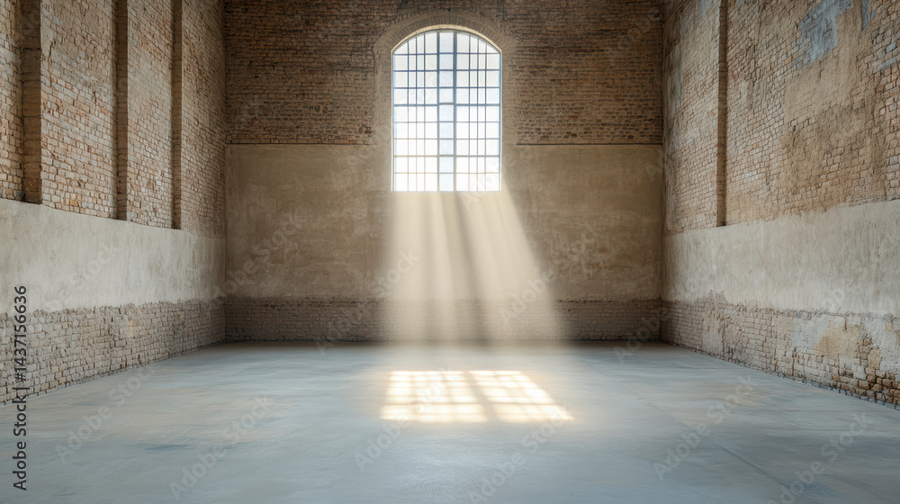 Fototapeta premium Bright light streams through large window, illuminating spacious, empty room with brick walls
