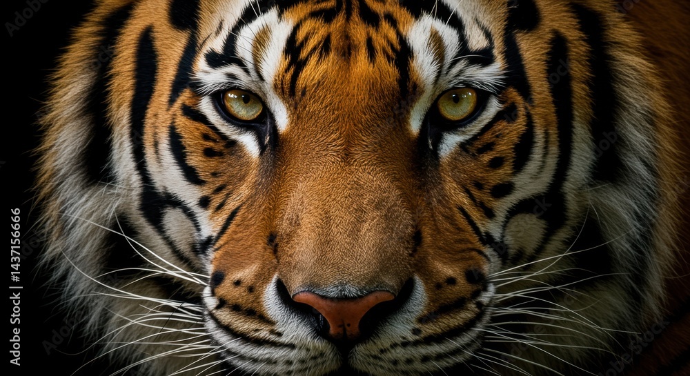 Fototapeta premium Dramatic close-up portrait of a powerful Bengal Tiger face with intense yellow eyes
