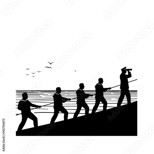 Group of silhouetted travelers exploring coastline  